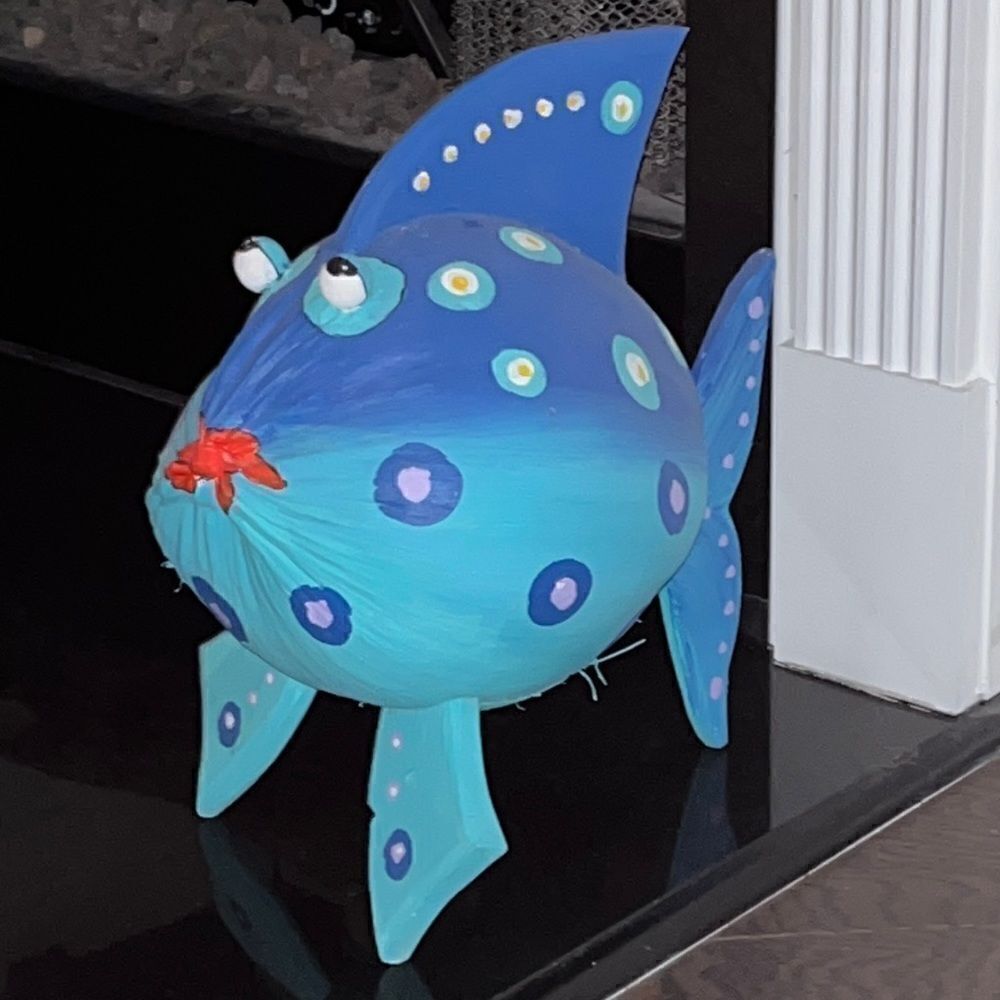 12” tall Handmade hand carved 2 tone blue coconut & wooden fish made in Aruba